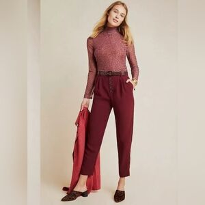 Anthropologie Sasha Pant Trousers Womans Button Fly Tapered Pleated Burgundy 6